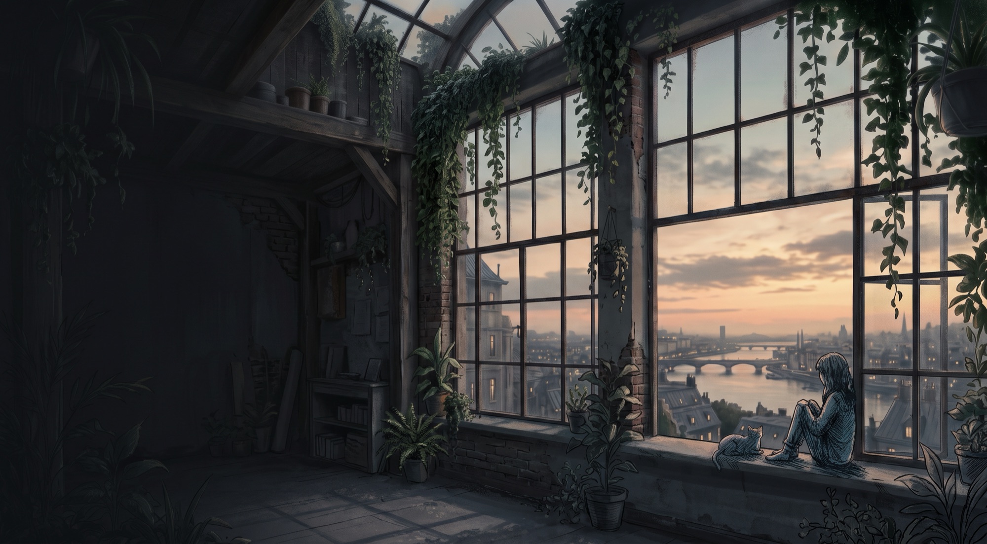 A figure and cat sit beside a tall greenhouse window overlooking the river city.
