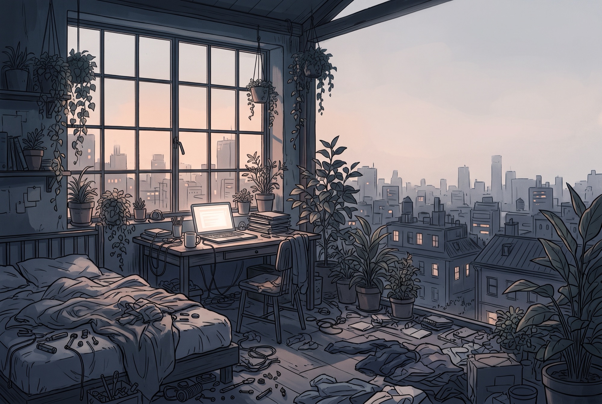 A quiet room filled with plants, looking out over a city at dusk.