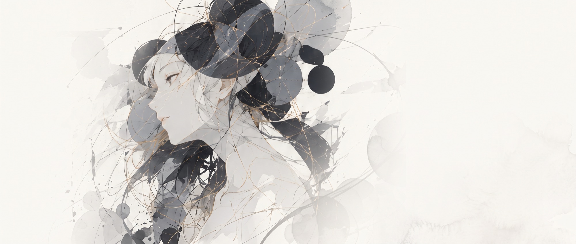 Abstract monochrome portrait formed from layered shapes and fine copper lines.