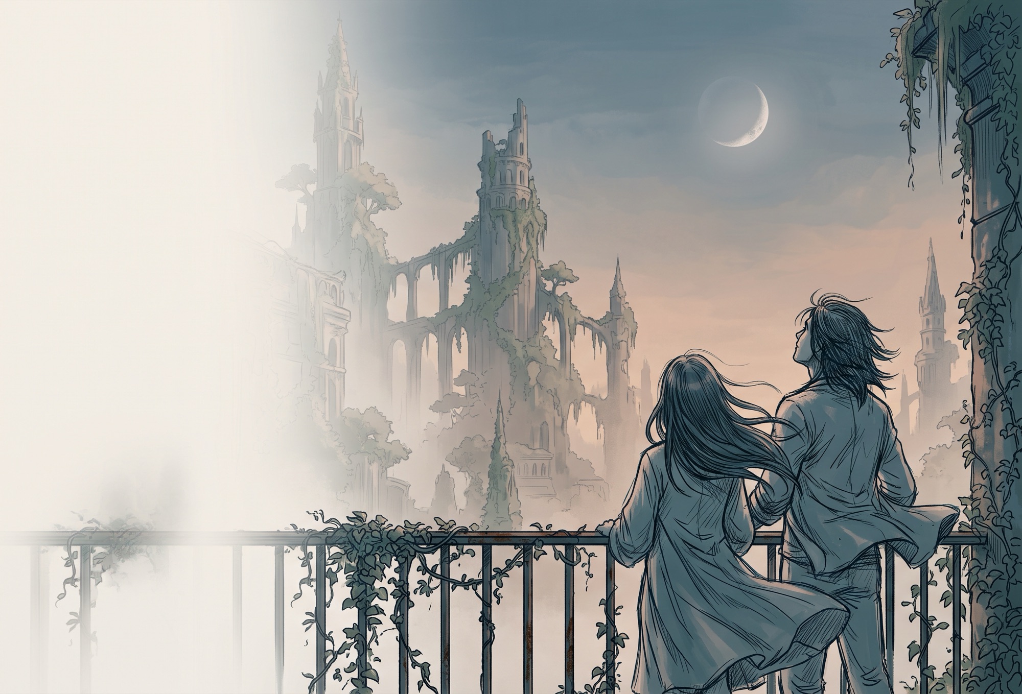 Two figures looking toward a moonlit, overgrown city of spires.