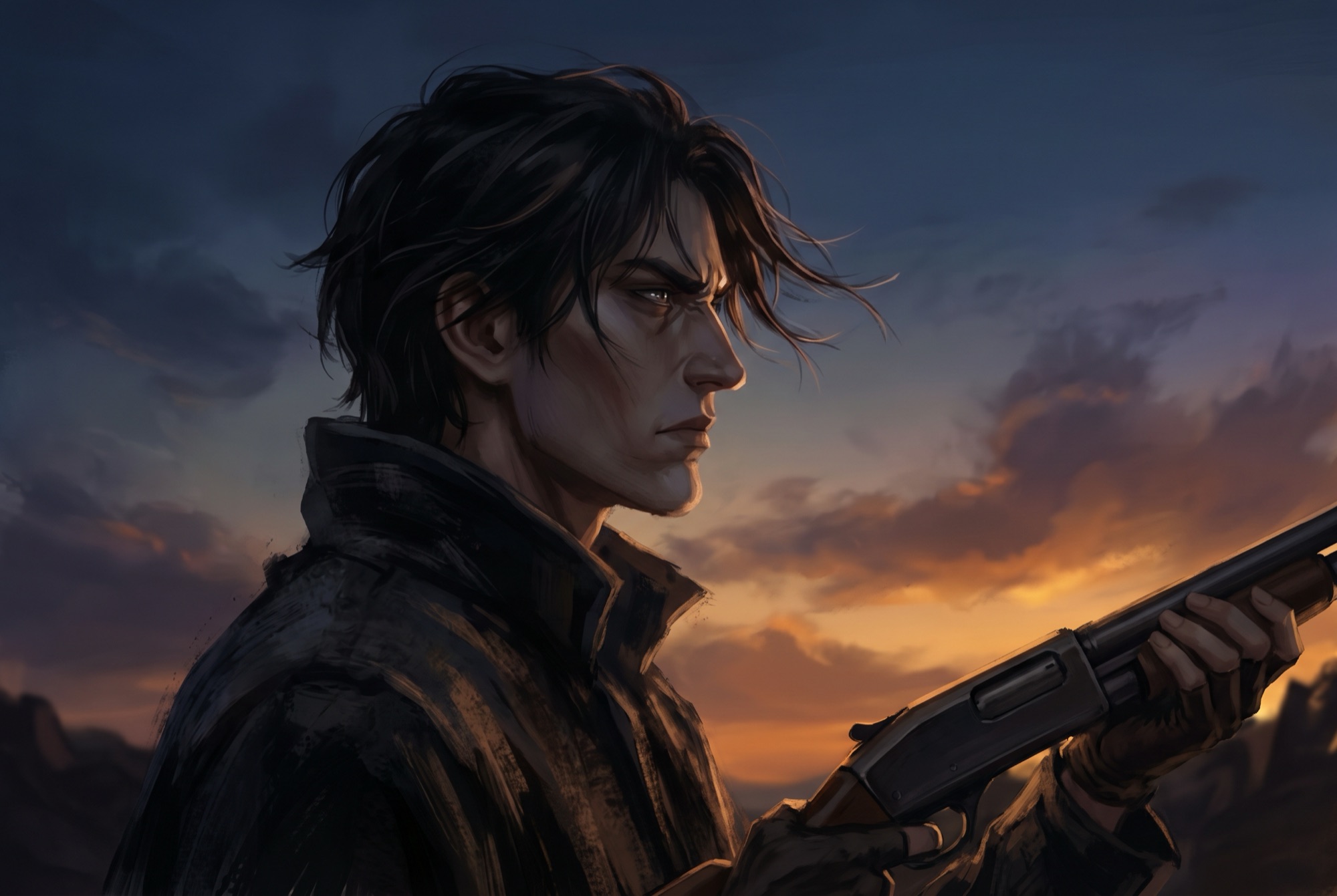 Dark-haired character in profile against a sunset sky.