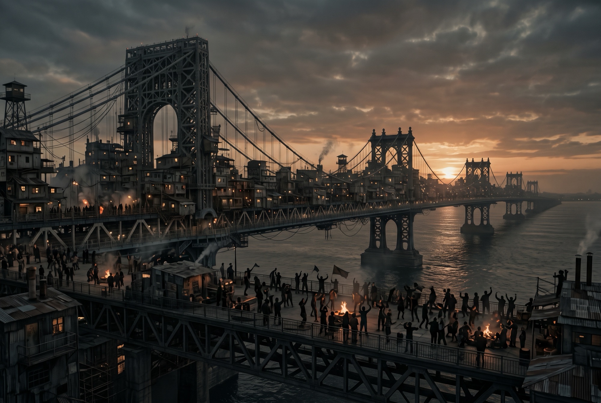 Bridge city at sunset, reflected in the river.